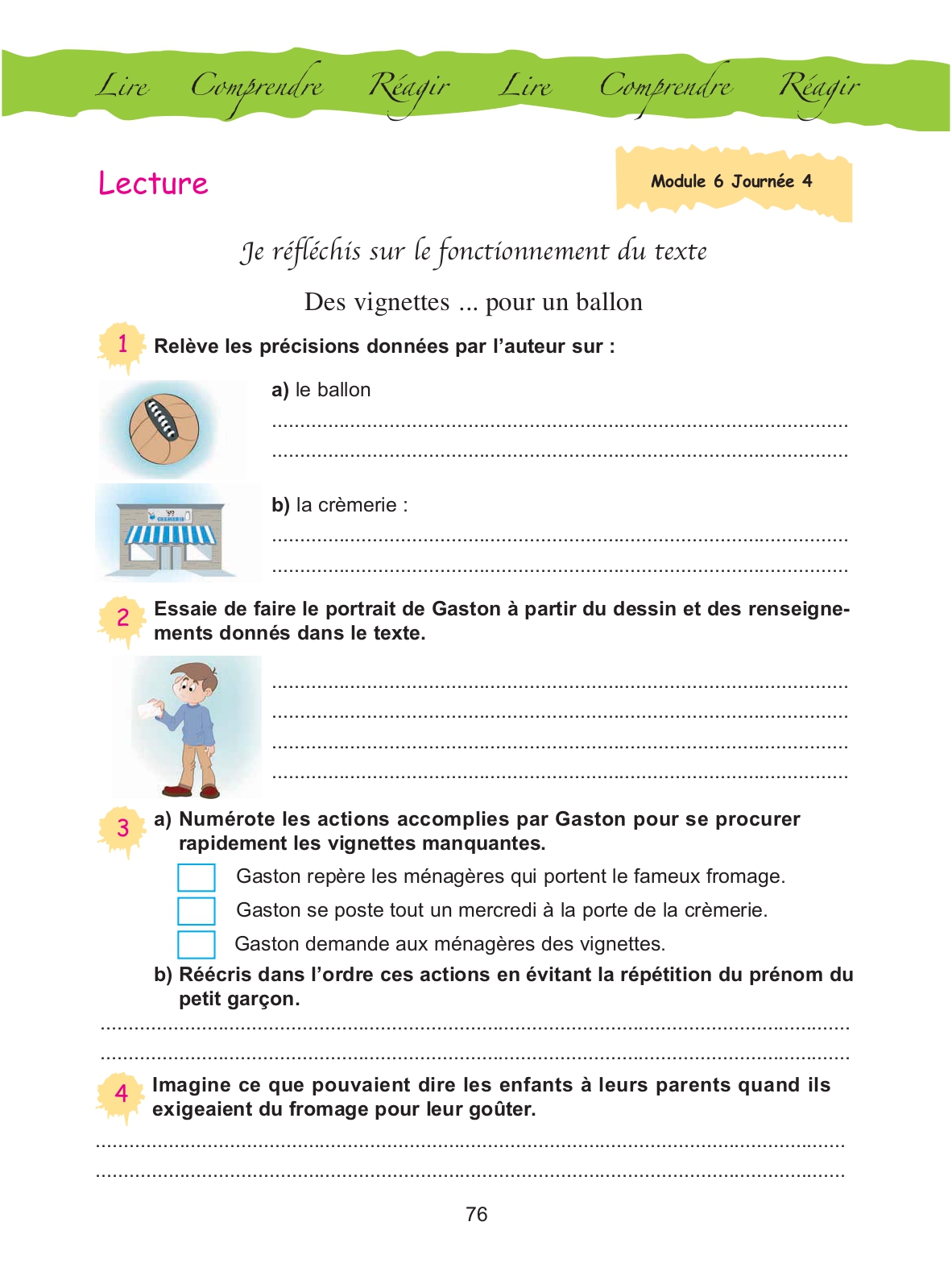Cahier d'activités, page 76 : « Je réfléchis sur le fonctionnement du texte » — Des vignettes... pour un ballon